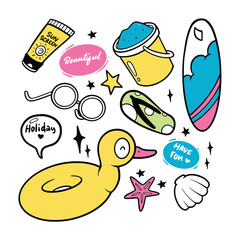 Hand-drawn summer doodle collection with sun, ice cream, flip-flops, and beach vibes. Perfect for fun, warm-weather designs, invitations, and seasonal projects