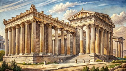 Obraz premium Precise pencil sketches of iconic historical buildings, ornate columns, and sweeping arches showcase intricate details of ancient Greek, Roman, and Renaissance-era architectural masterpieces.