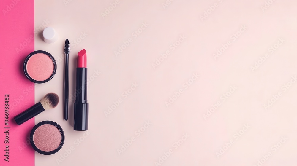 Fototapete a curated selection of cosmetic items, including lipstick and brushes, displayed neatly on a soft an