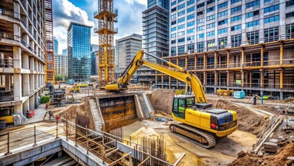 Rear excavator loader pours concrete into foundation trench at bustling British building site with high-rise scaffolding and heavy machinery amidst urban regeneration.