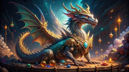 Obraz premium Regal dragon adorned with glittering jewels and a majestic crown, sitting atop a treasure trove, exudes power and ancient wisdom in a mystical fantasy realm.