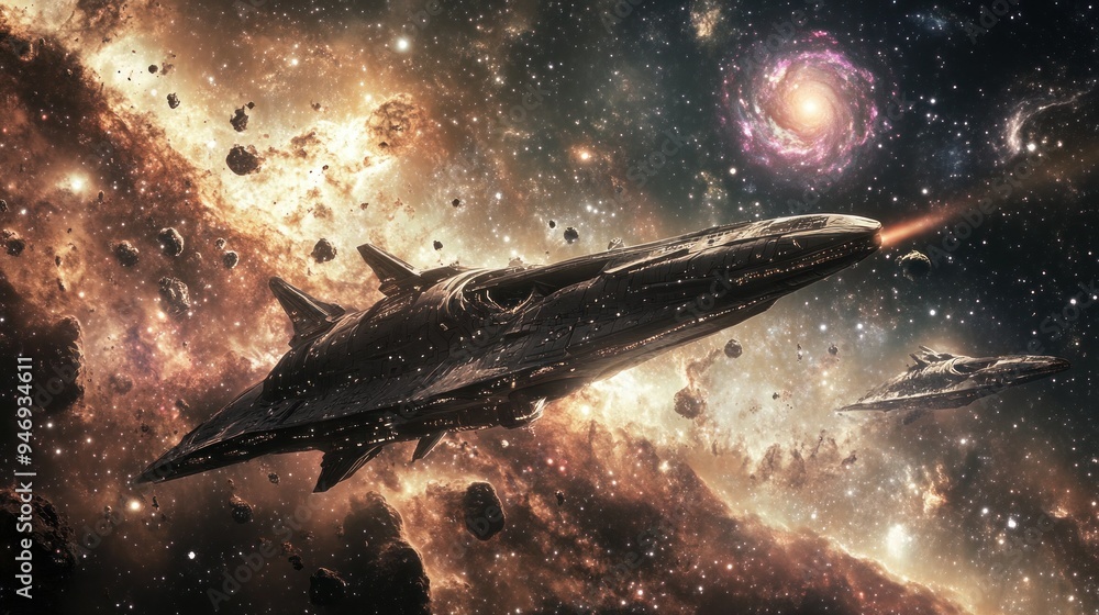 Aufkleber spaceship navigating through a starfield and asteroid field