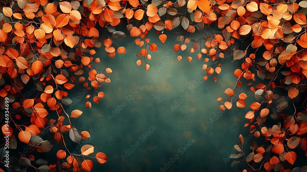 Poster image features vibrant orange and red autumn leaves arranged in a symmetrical pattern against a dark