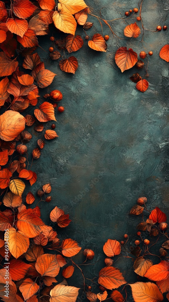 Poster dark green background bordered with an array of orange and red autumn leaves and berries