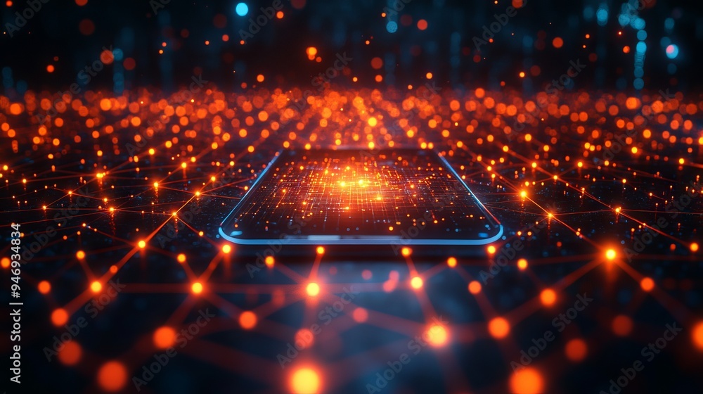 Poster smartphone is placed on a surface illuminated with interconnected, glowing orange network points, re
