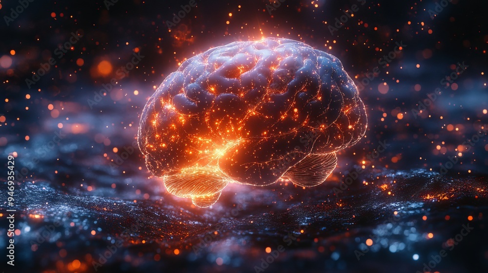 Poster glowing, illuminated brain with interconnected neural pathways, set against a dark and abstract back