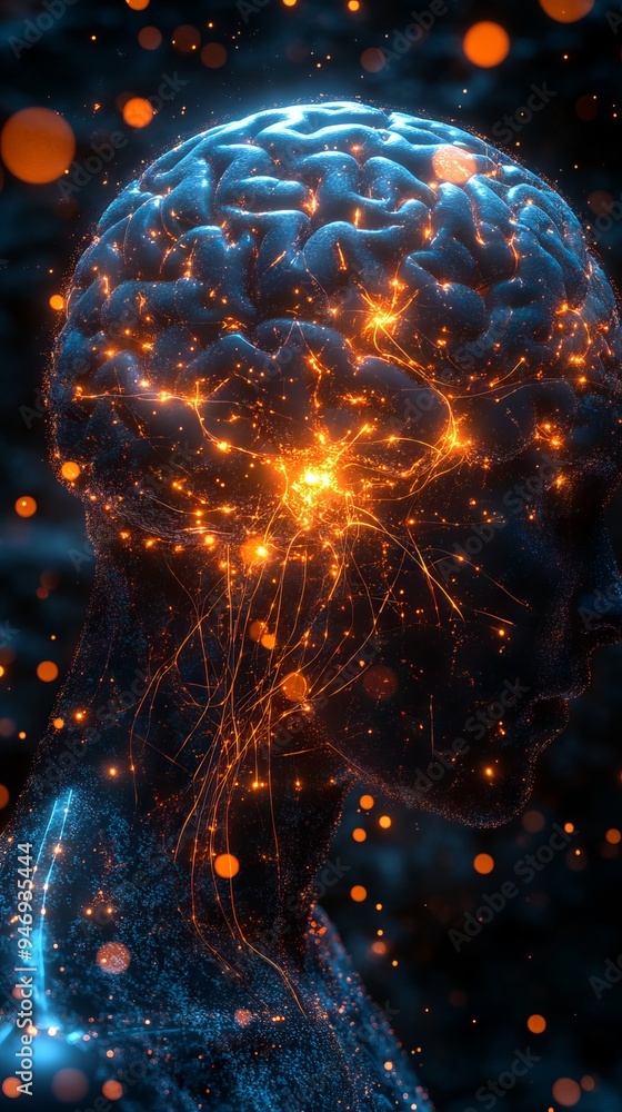 Poster digital rendering of a human brain illuminated with vibrant neural connections and glowing circuits 