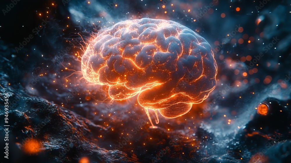 Poster glowing, illuminated brain situated in a futuristic, abstract environment with particles floating ar