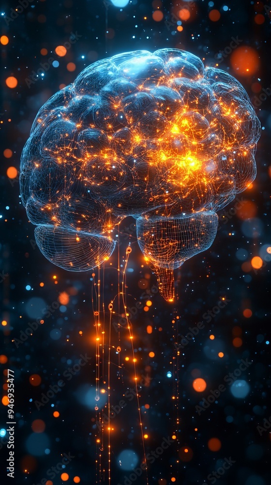 Poster image portrays a digital brain with glowing orange and blue network connections, resembling neural p