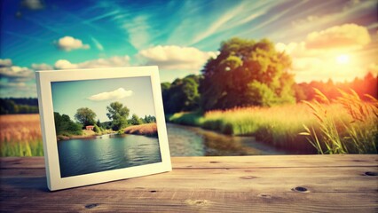 Fototapeta premium Retro-style instant film photograph with a white border and colorful hues, showcasing a blurred summer landscape with a hint of nostalgia and vintage charm.