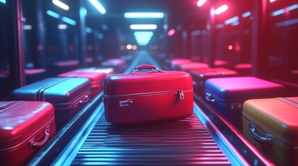 High-definition slow-motion of leather suitcases falling onto a conveyor belt, smooth metallic textures, neon highlights, industrial atmosphere, cinematic, hyper-realistic, Vibrant colors