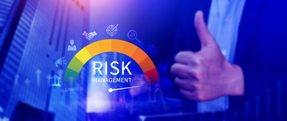 RISK concept, analyzing risk and opportunities to planning business via risk level indicator...
