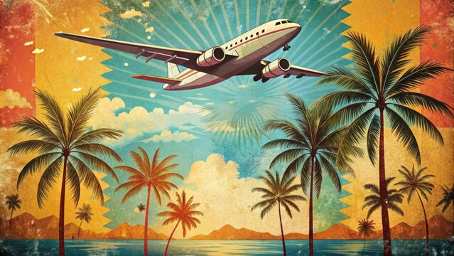 Retro-style travel poster featuring a distressed, colorful design with palm trees, floral patterns, and a vintage airplane soaring over a tropical island paradise.