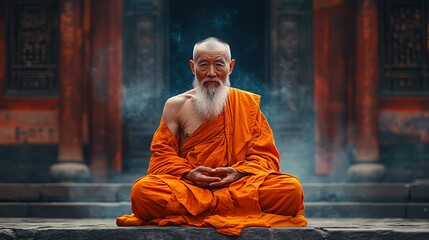 Elderly monk in an orange robe sits cross-legged in a meditative posture amidst a serene, smoke-filled environment