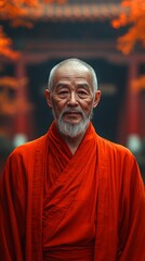 Elderly man in a bright red robe stands outside, with a blurred, nature-filled background featuring autumnal colors and traditional architecture