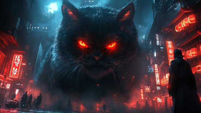 Massive, menacing cat with glowing red eyes looms over a dark, futuristic cityscape bathed in neon lights and rain