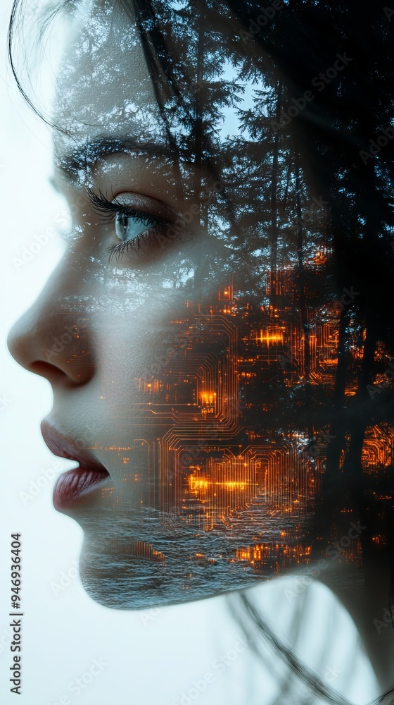 Poster profile of a woman's face merged with a forest and glowing circuitry, creating a surreal digital eff
