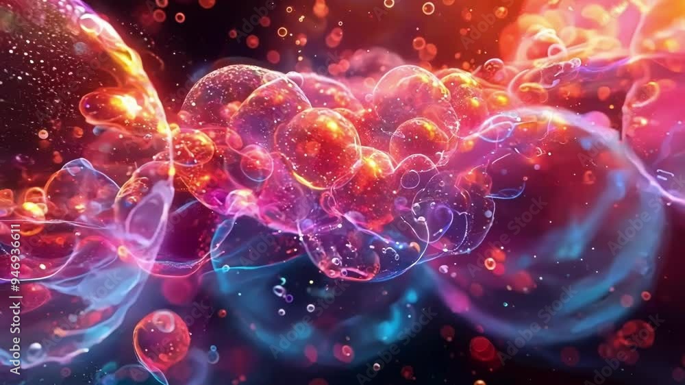 Poster abstract wave of interconnected bubbles is glowing against a dark background, symbolizing the interc