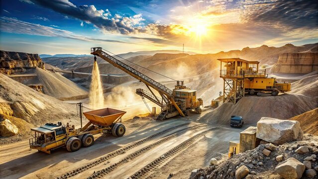 Rugged industrial machinery operates in a vast open-pit quarry, extracting and processing stone and aggregate materials amidst a dusty, sun-drenched landscape.
