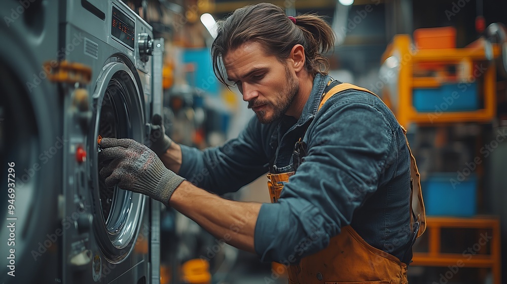 Poster man with a ponytail and gloves is repairing a washing machine in a workshop filled with various tool