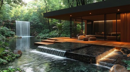 Modern house with large glass windows, nestled in a lush forest, featuring waterfalls and a serene pool