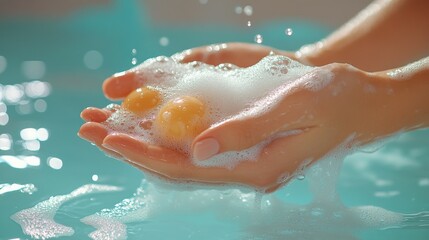 Fototapeta premium Hands are holding a soapy lather with two visible yellow soap bubbles, above a water surface with more bubbles