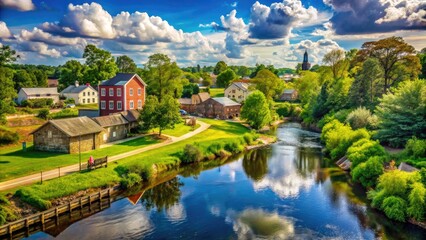 Obraz premium Rustic rural landscape of Lumberton, North Carolina, featuring a winding river, lush greenery, and historic buildings under a warm sunny afternoon sky.