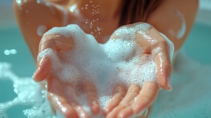 Fototapeta premium Image shows soapy hands cupping foam bubbles in what appears to be a bath or water-filled container