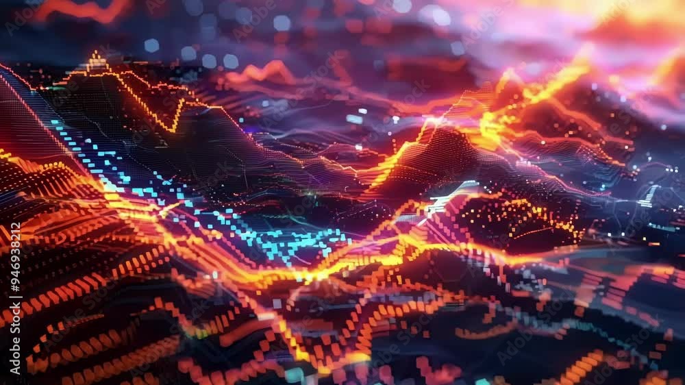 Poster abstract 3d rendering of a digital landscape forming peaks and valleys on a futuristic circuit board