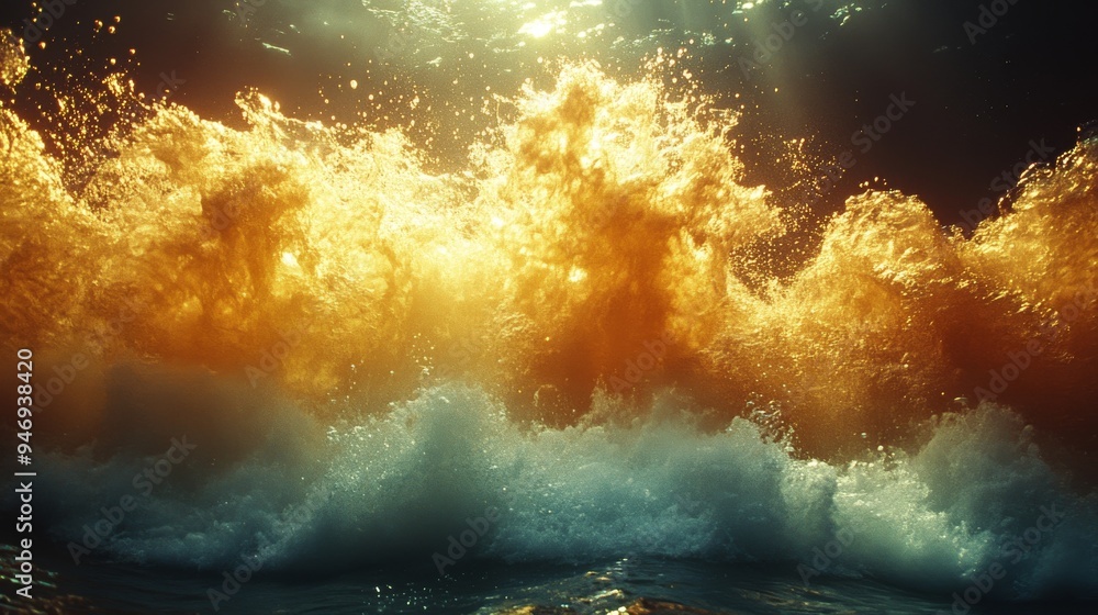 Poster dramatic scene of crashing ocean waves illuminated by a golden light, creating an ethereal and strik