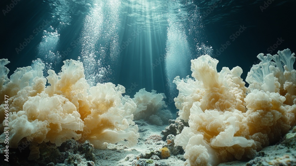Poster image shows an underwater scene with sunlight filtering through, illuminating soft corals and rising