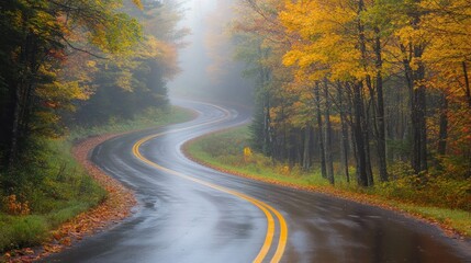 Naklejka premium Winding Road Through Misty Autumn Forest with Yellow Leaves