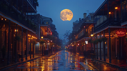 Time lapse of the moon over Bourbon street , carnaval , dark shadow lighting, patch of light