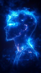Naklejka premium Glowing figure in blue hues with electric-like energy emitting from it, set against a dark, cosmic background