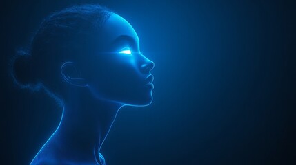 Obraz premium Side profile of a woman with glowing eyes, portrayed in a blue, futuristic digital style