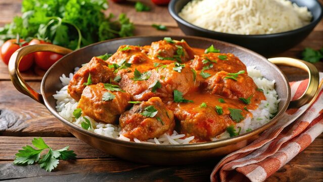 Savory Indian-inspired dish featuring tender chicken cooked in a rich, spicy tomato-based curry sauce, garnished with fresh cilantro and served over fluffy basmati rice.