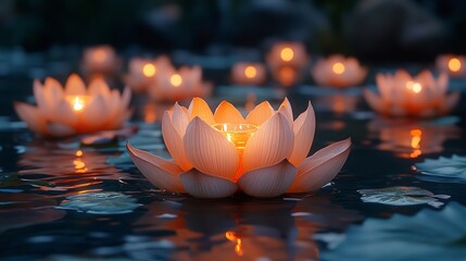 Floating on a serene water surface, delicate lotus-shaped lanterns glow warmly, illuminating the surroundings with their gentle light
