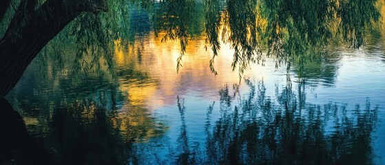 Obraz premium Weeping Willow Branches Overlooking a Still Lake at Sunset