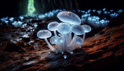 Obraz premium Bioluminescent Beauties Glowing Light in Cave 4K HDR Ultra HD Wallpaper