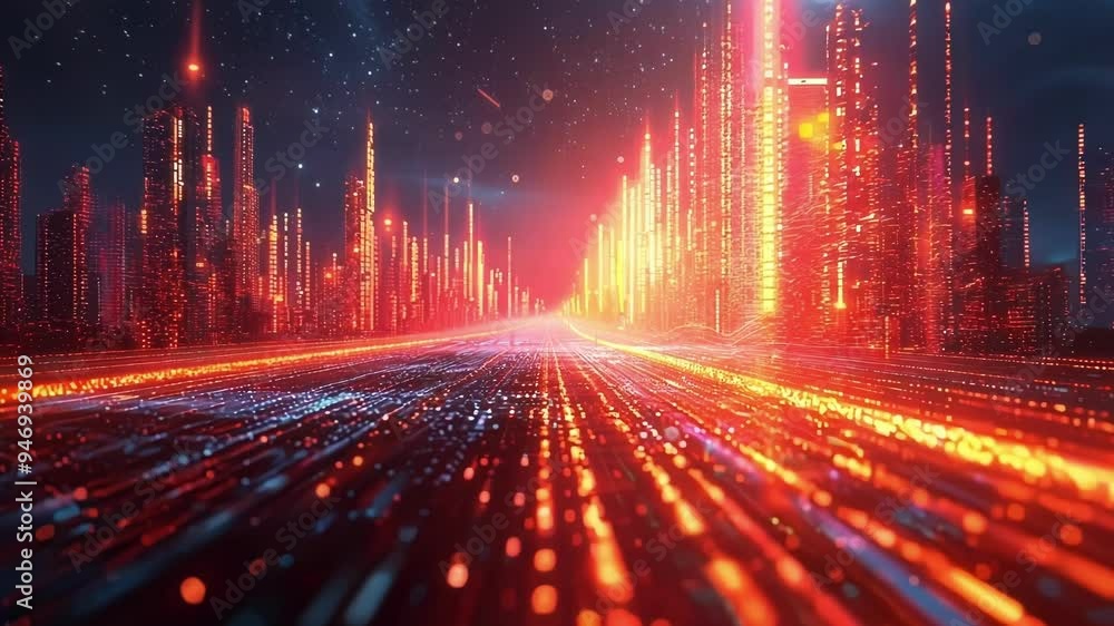 Poster abstract glowing lines forming a futuristic cityscape with data streams flowing on a virtual road, s
