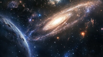 Obraz premium A Distant Planet and a Spiral Galaxy in a Starry Night Sky
