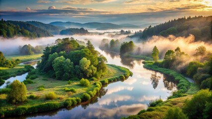 Naklejka premium Serene morning scene of a meandering river surrounded by lush green forests, misty fog, and a tranquil atmosphere, reflecting the beauty of nature.