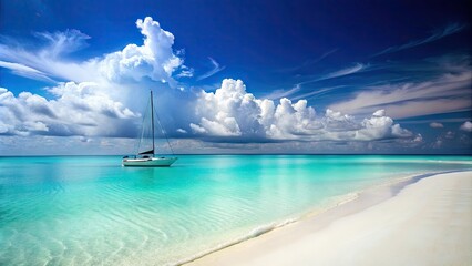 Serenene and uncluttered beach scene with a single, sleek sailboat drifting on calm turquoise waters, surrounded by vast expanses of pristine white sand.
