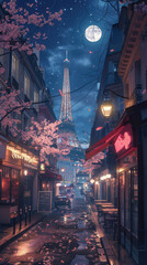 paris with Eiffel tower dystopian dark grim cyberpunk small street clear night full moon street food sakura