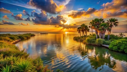 Serene sunset casts a warm golden glow on the tranquil waters of Corpus Christi Bay, surrounded by the lush vegetation of Nueces County, Texas.