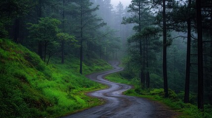 Fototapeta premium Winding Road Through a Foggy Forest