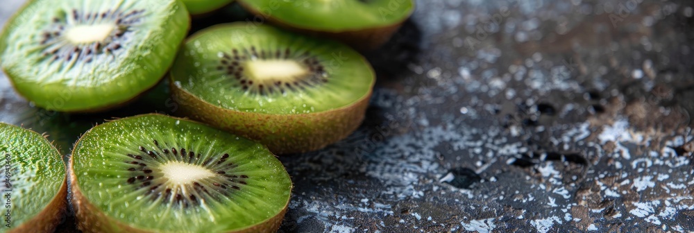 Poster fresh green kiwi slices displayed on a table for culinary use.