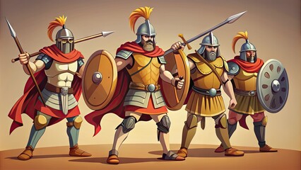 Naklejka premium Simplified, hand-drawn illustrations of helmeted, armor-clad, sword-wielding ancient fighters in battle poses, conveying strength, courage, and victorious spirit amidst minimalist backgrounds.