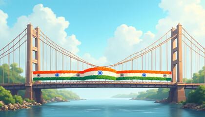 Obraz premium A grand Republic Day banner displayed across a bridge, featuring patriotic colors and designs without traffic
