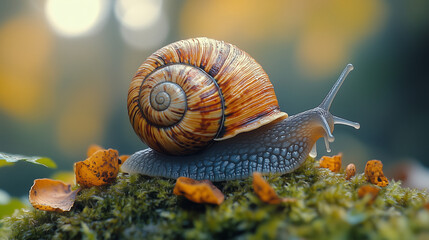 Close-up of a snail with a beautifully textured shell crawling on a mossy surface, surrounded by autumn leaves, in a peaceful and natural setting